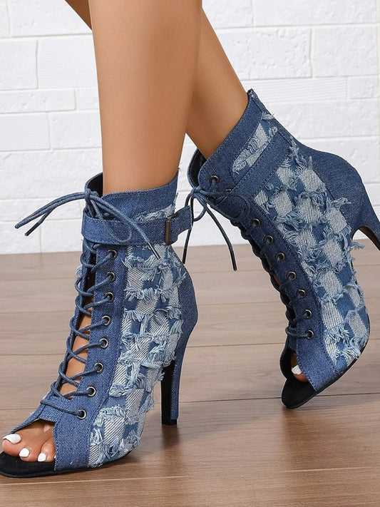 Distressed Denim Lace-Up Peep Toe Ankle Boots - product photo 2