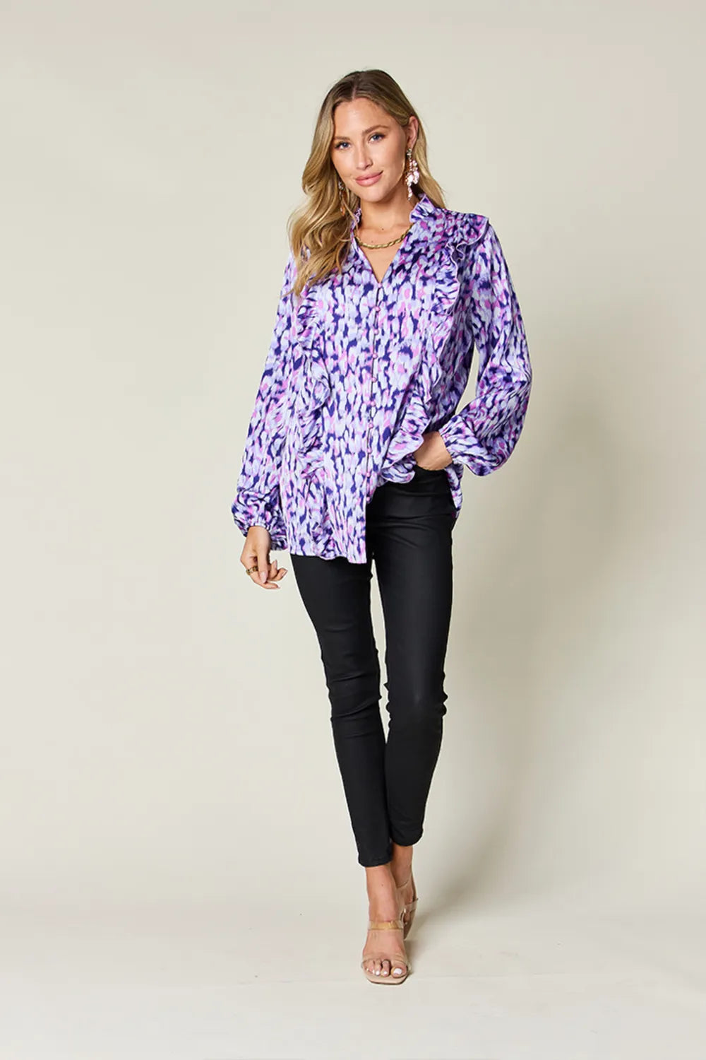 Double Take Full Size Printed Ruffle Trim Balloon Sleeve Shirt Plus Size - Blue Purple - View 4
