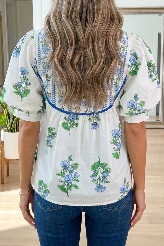 White Floral Print Contrast Trim Tie Neck Blouse - White - 2