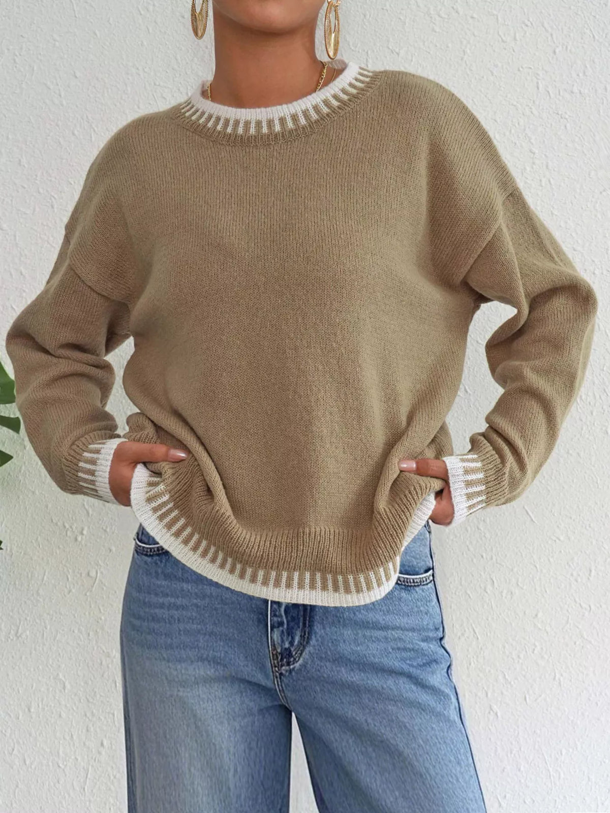 Contrast Trim Crew Neck Drop Shoulder Sweater - Camel - View 3