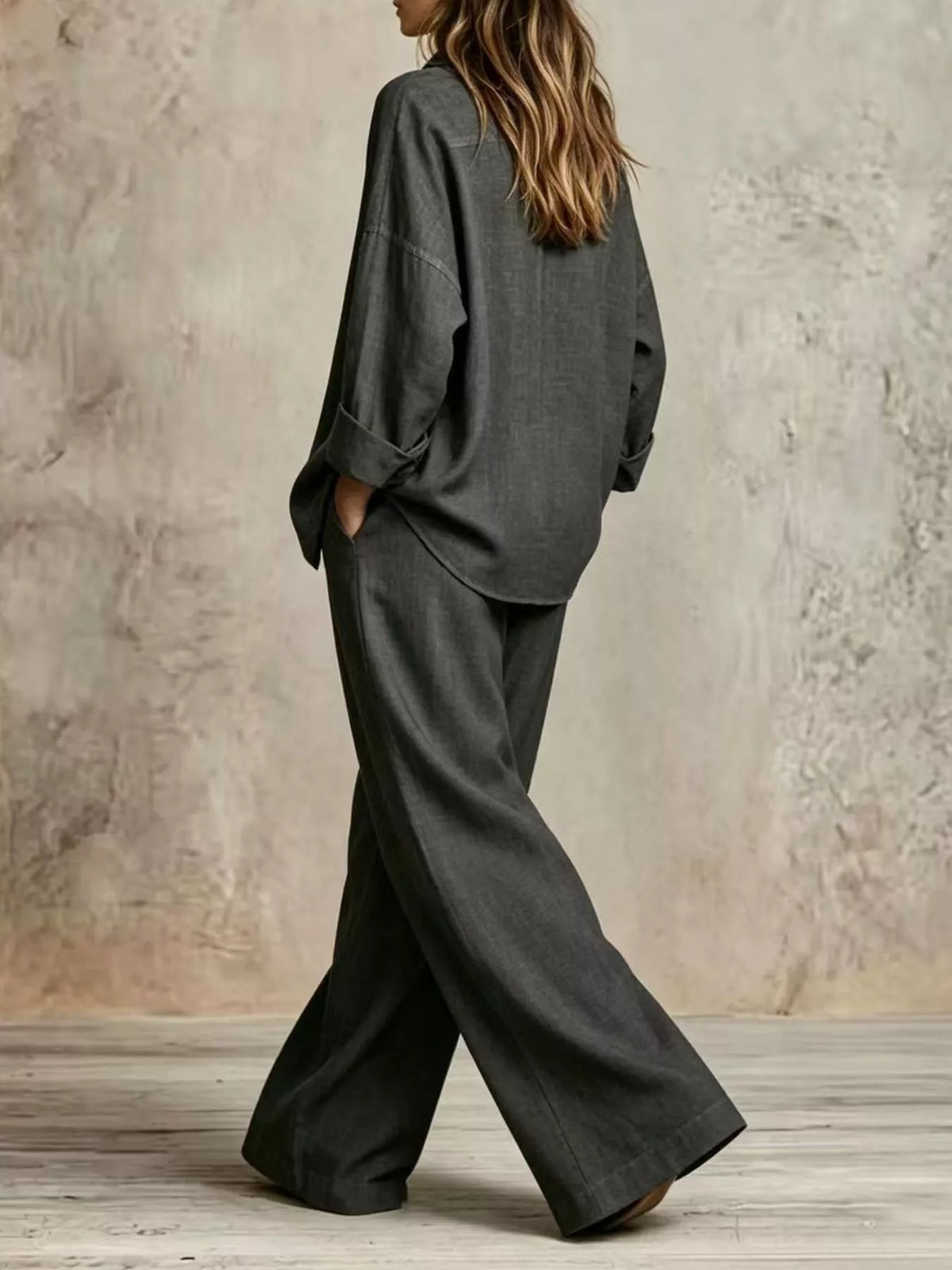 Full Size Button-Down Shirt and Wide-Leg Pants Set Plus Size - Black - View 6