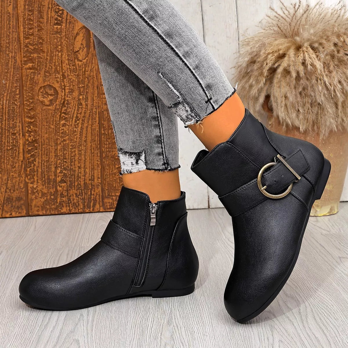 Round Toe Ankle Boots - Black - View 2