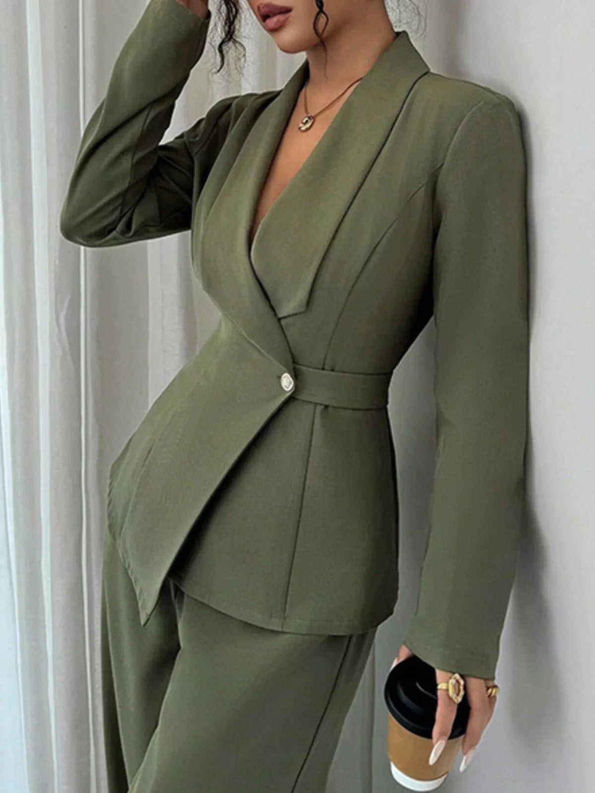 One Button Blazer and Pants Set - Green - View 12