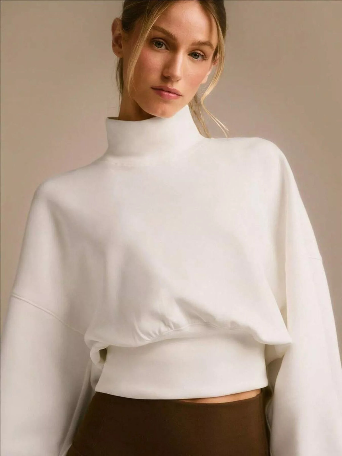 Turtleneck Dropped Shoulder Sweatshirt - White - View 1