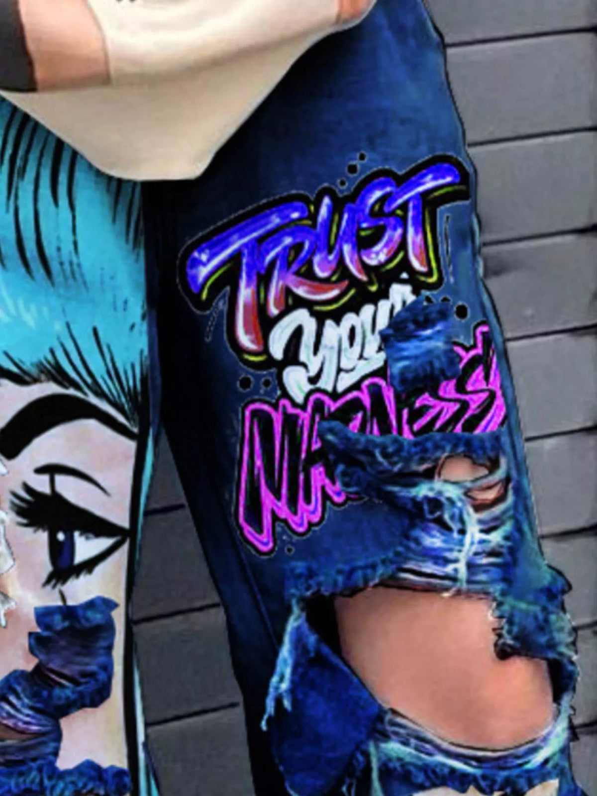 Full Size Pop Art Graphic Distressed Wide-Leg Jeans Plus Size - Dark Blue - View 2