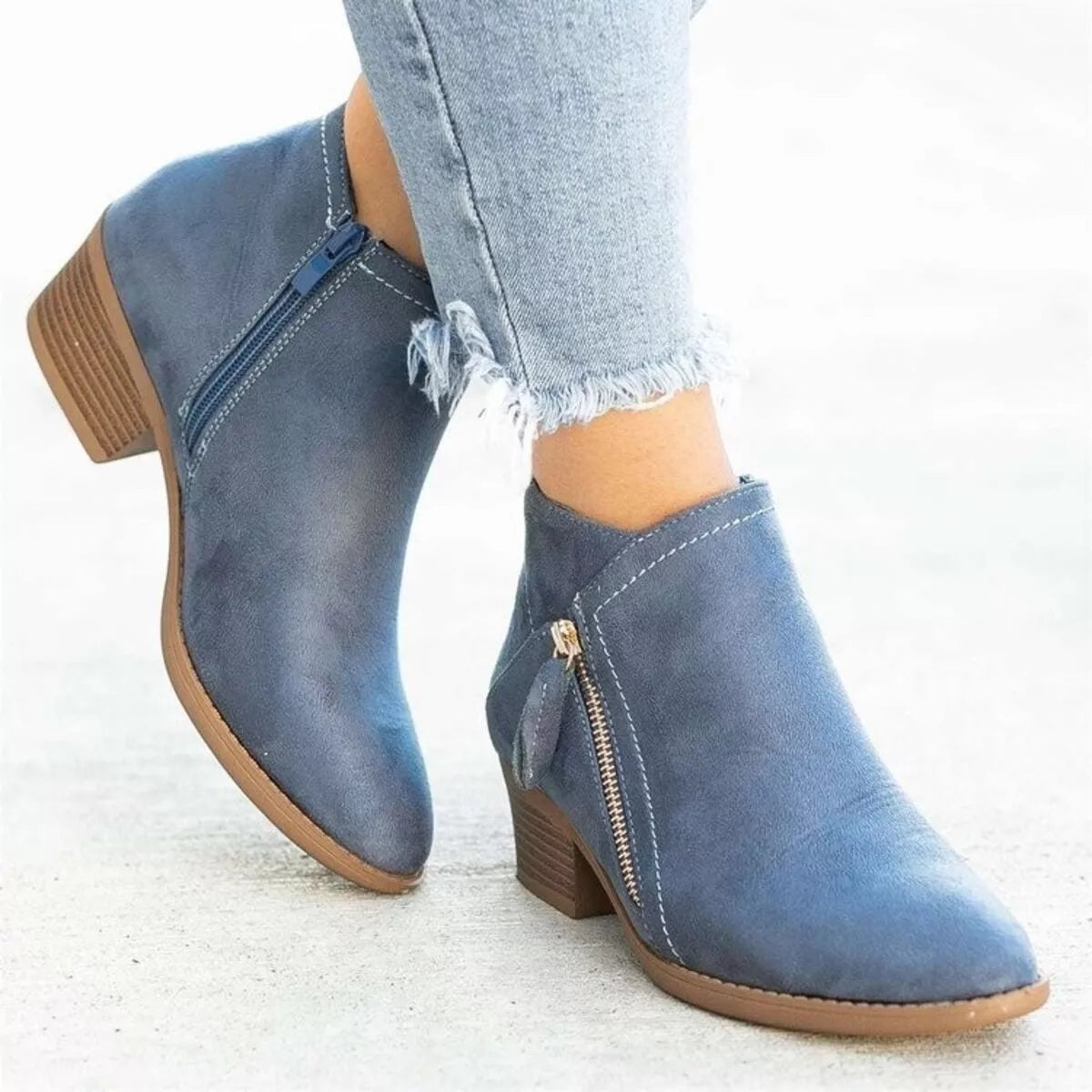 Round Toe Block Heels Boots - Sky Blue - View 2