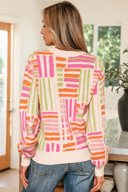 Rose Love Lines Pattern Crew Neck Puff Sleeve Sweater - Rose - 2