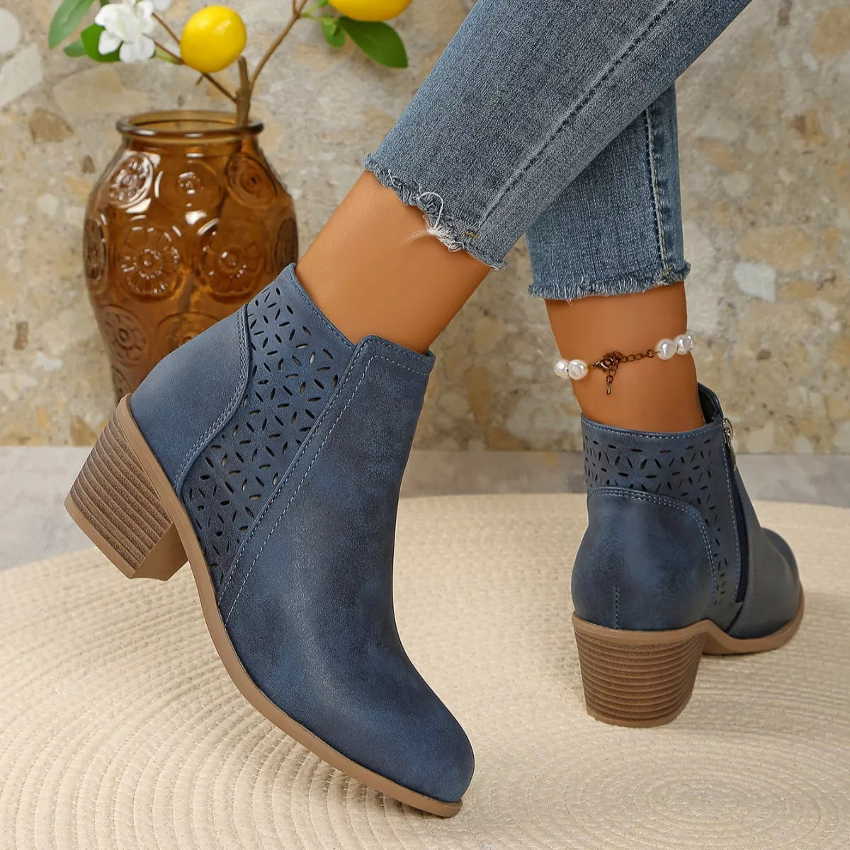 Point Toe Block Heels Boots - Blue - View 15