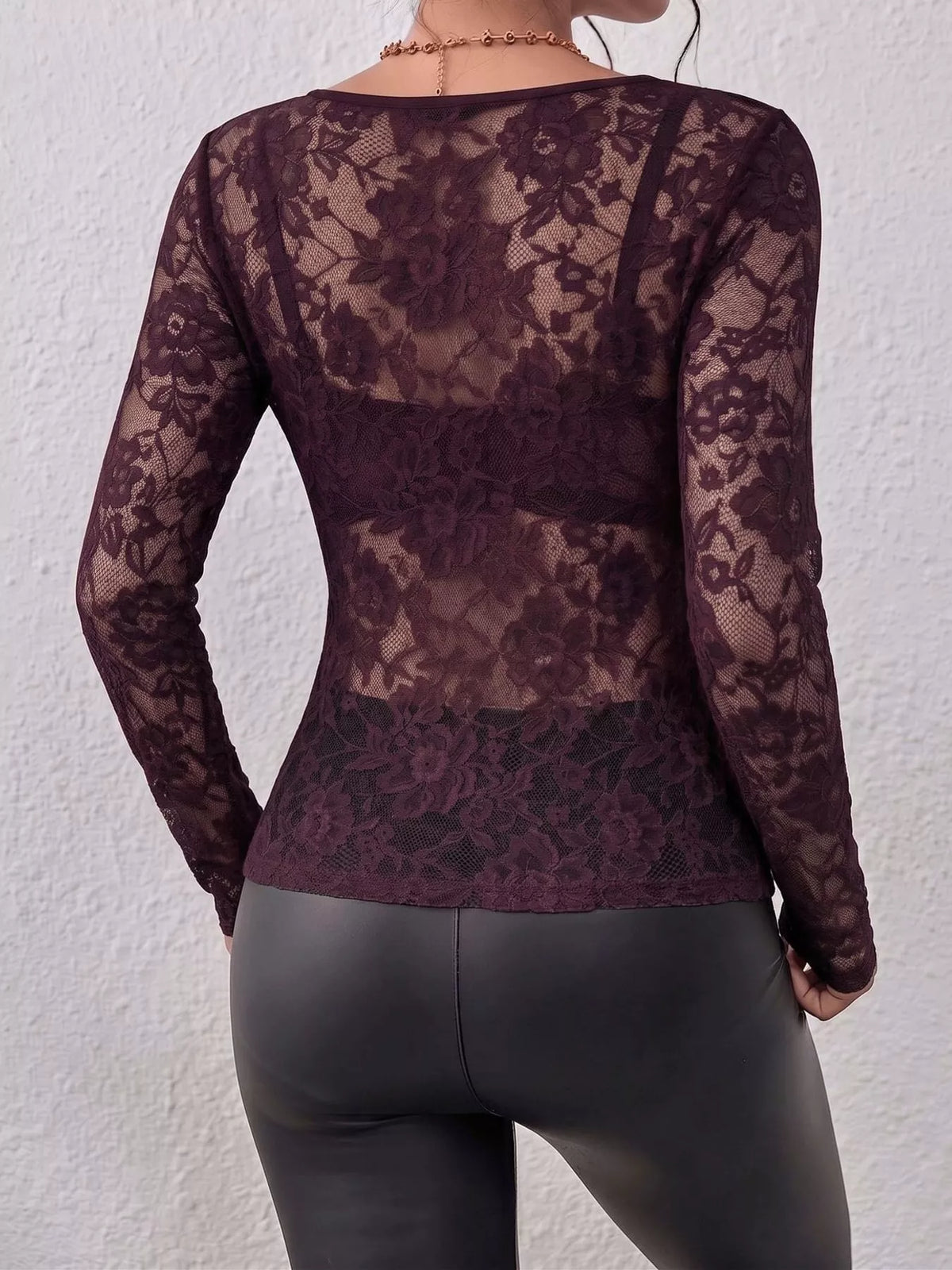 Lace V-Neck Long Sleeve Top - Magenta - View 27