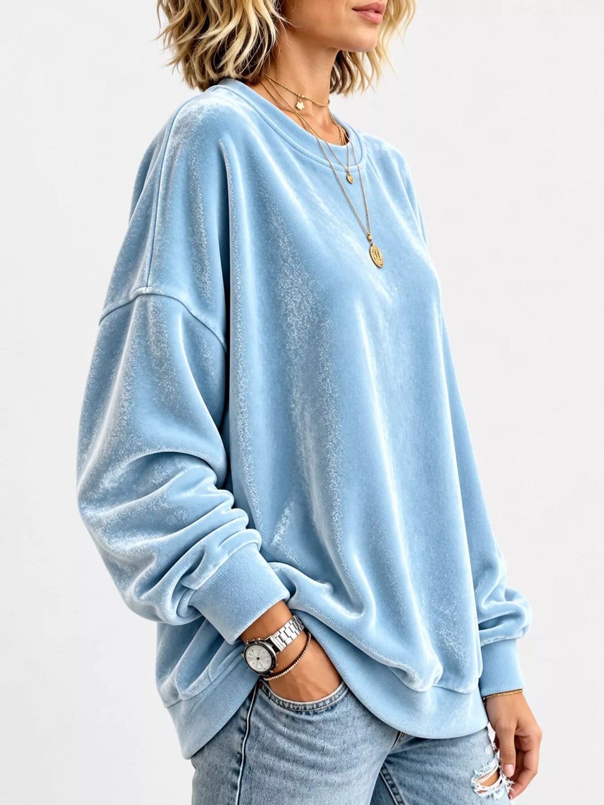 Full Size Crew Neck Drop Shoulder Sweatshirt Plus Size - Light Blue - View 18
