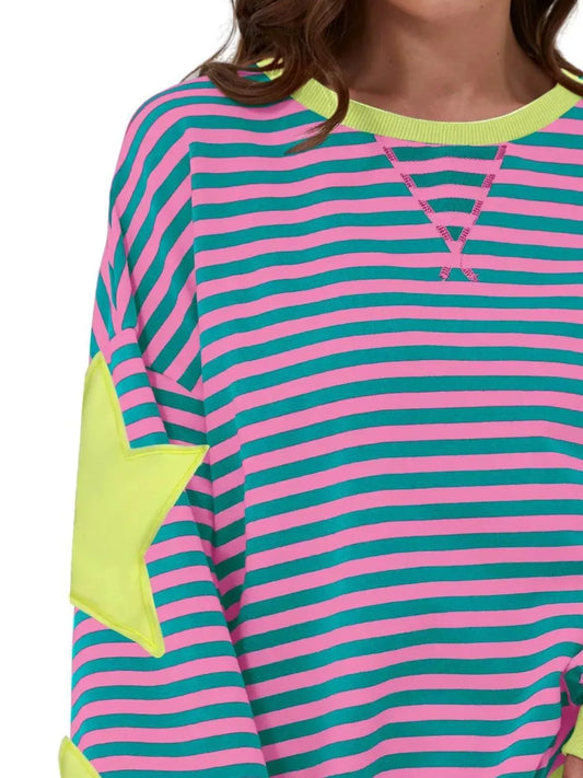 Full Size Star Patch Striped Oversized Sweatshirt Plus Size - Pink - View 2