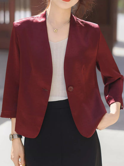 Plus Size Three-Quarter Sleeve One Button Blazer - Burgundy - View 3