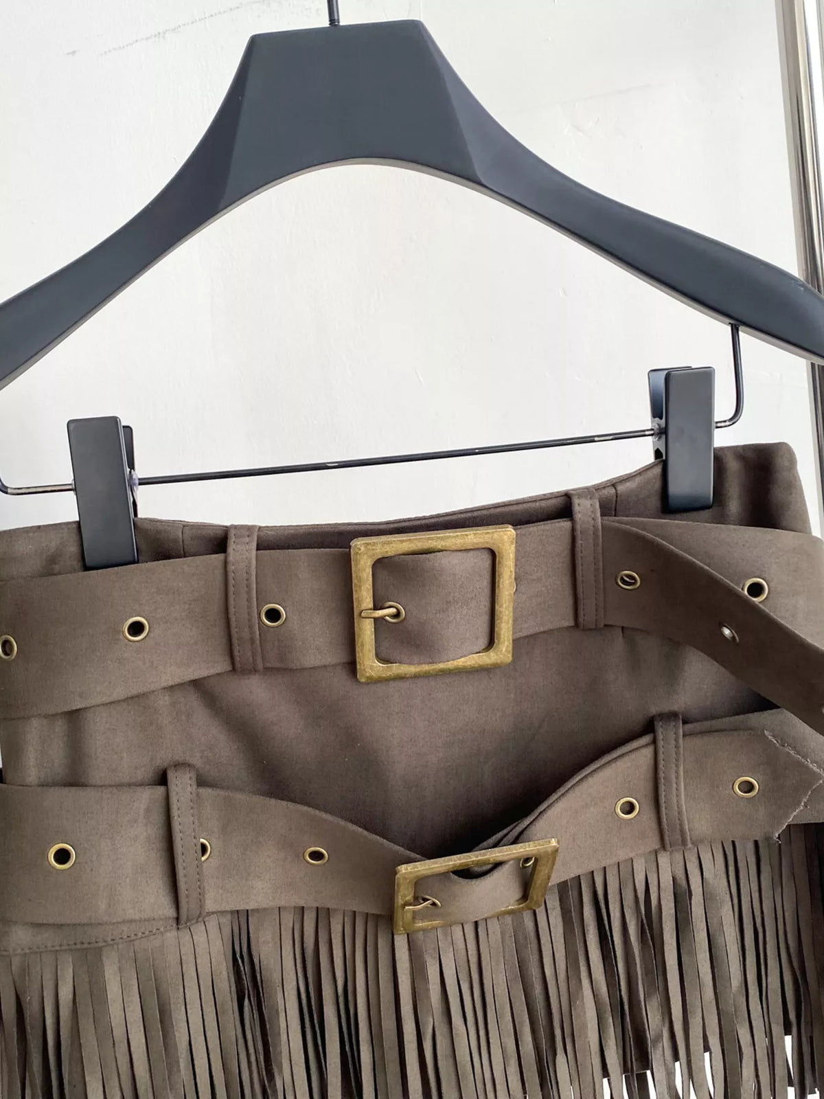 Fringe Belted Mini Skirt - Army Green - View 9