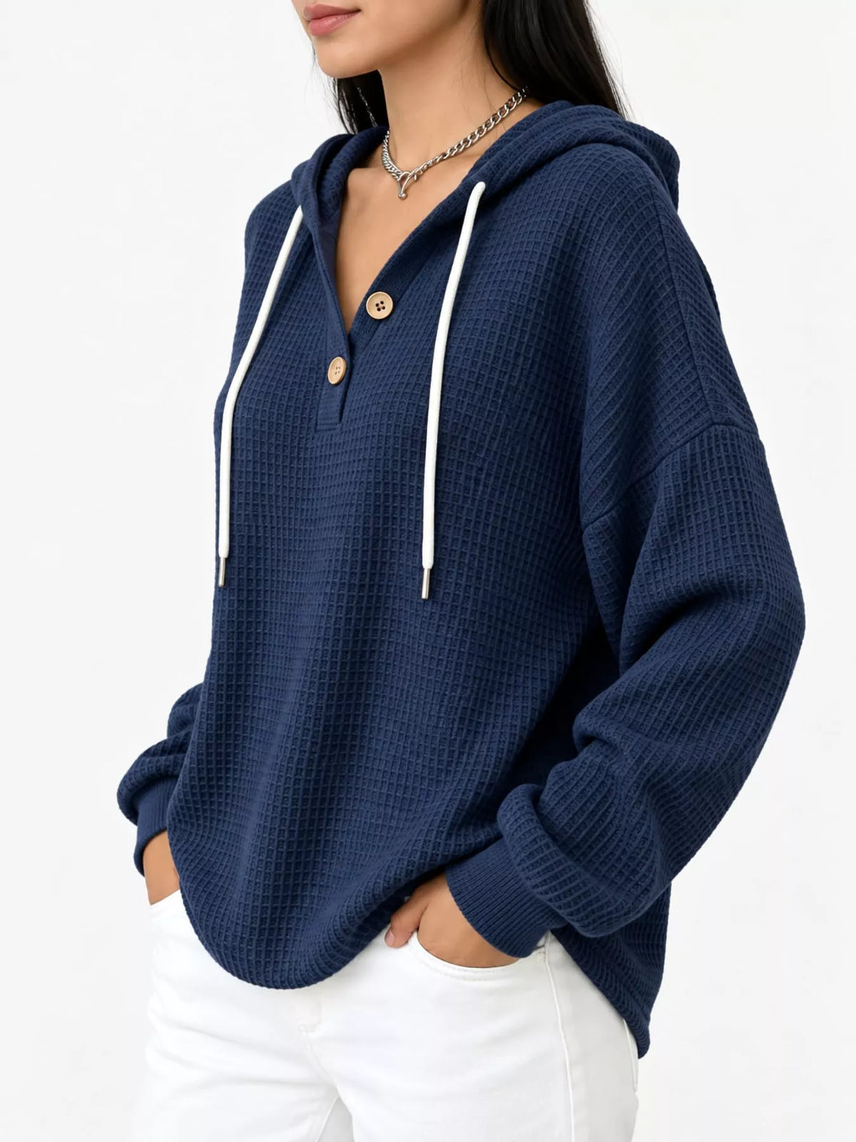 Full Size Waffle Knit Button Detail Hoodie Plus Size - Dark Blue - View 36