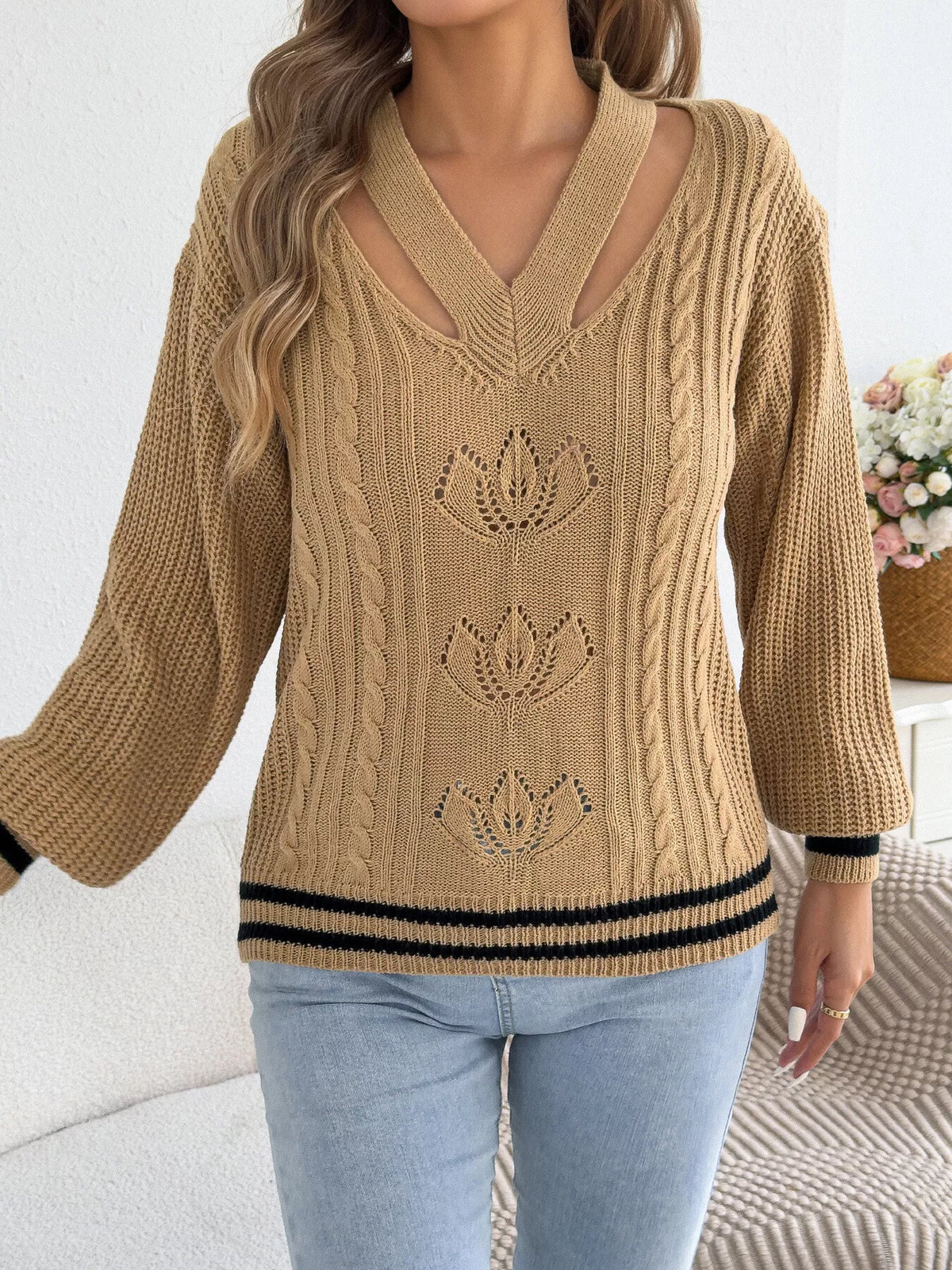 Cutout Cable Knit Sweater - Camel - View 4
