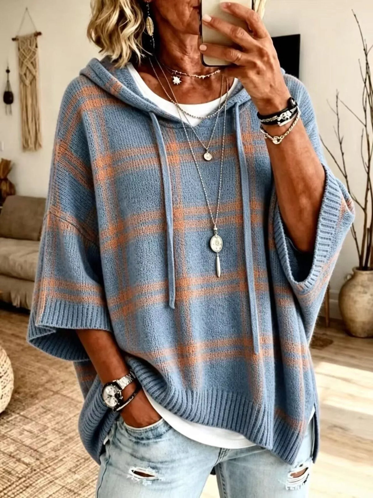 Full Size Drawstring Plaid Hooded Sweater Plus Size - Blue - View 1