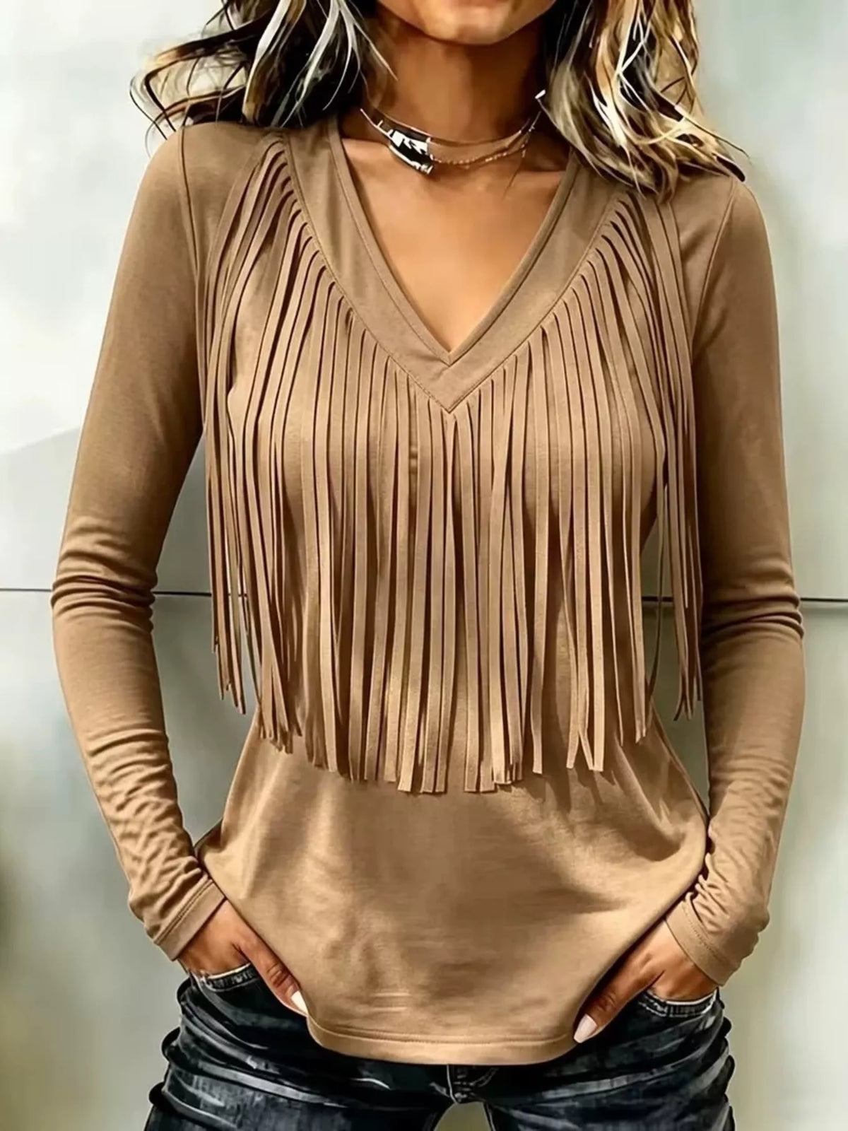 Fringe V-Neck Long Sleeve T-Shirt - Khaki - View 1