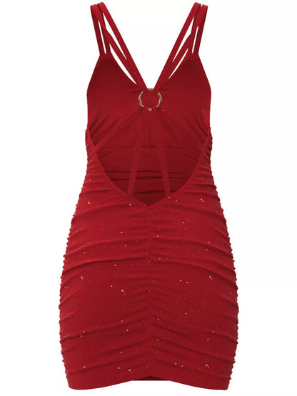 Glitter Ruched Bodycon Mini Dress - Wine Red - View 4