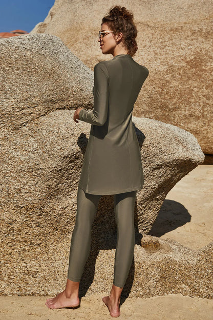 Slit Mock Neck Long Sleeve Top and Pants Swim Set - Army Green - View 2