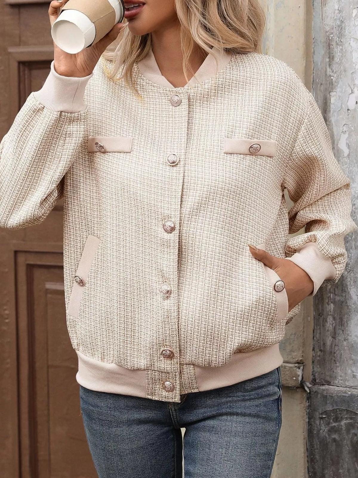 Button Up Long Sleeve Jacket - Khaki - View 4