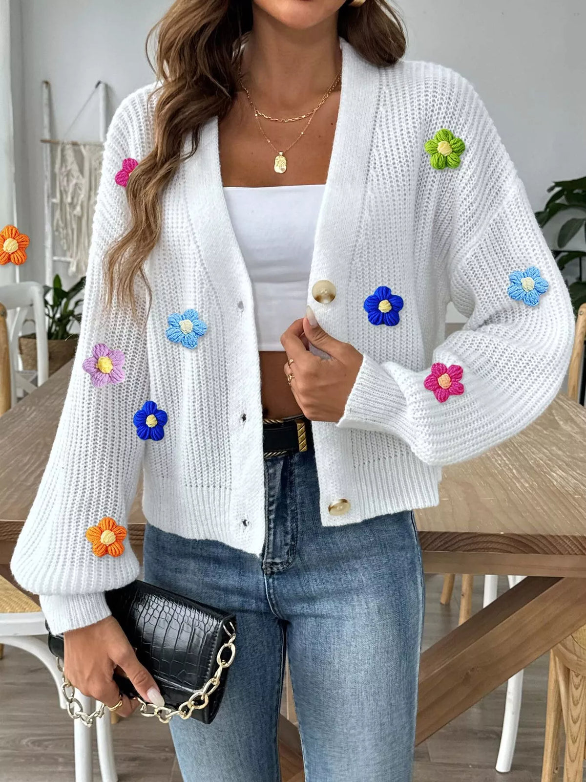 3D Floral Appliques Button Up Cardigan - White - View 1