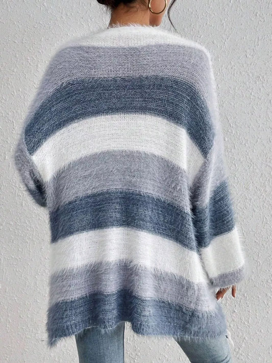 Striped Fuzzy Knit Open Front Cardigan - product photo 2