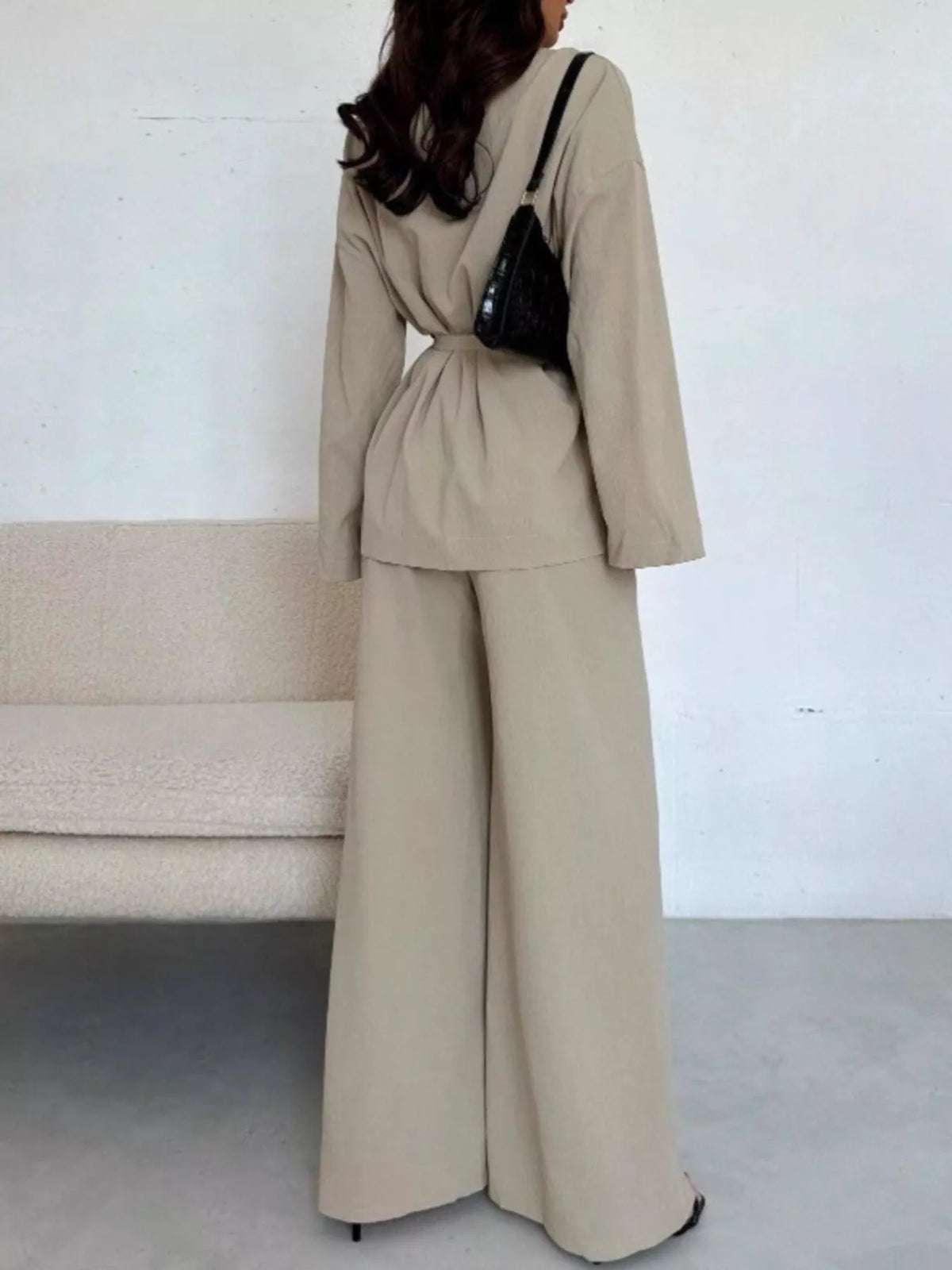 Front Tied Shirt and Wide-Leg Pants Set - Apricot - View 6