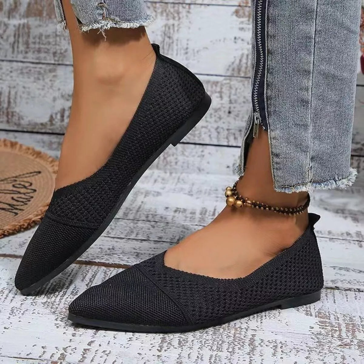 Point Toe Flats Slip-Ons - Black - View 1