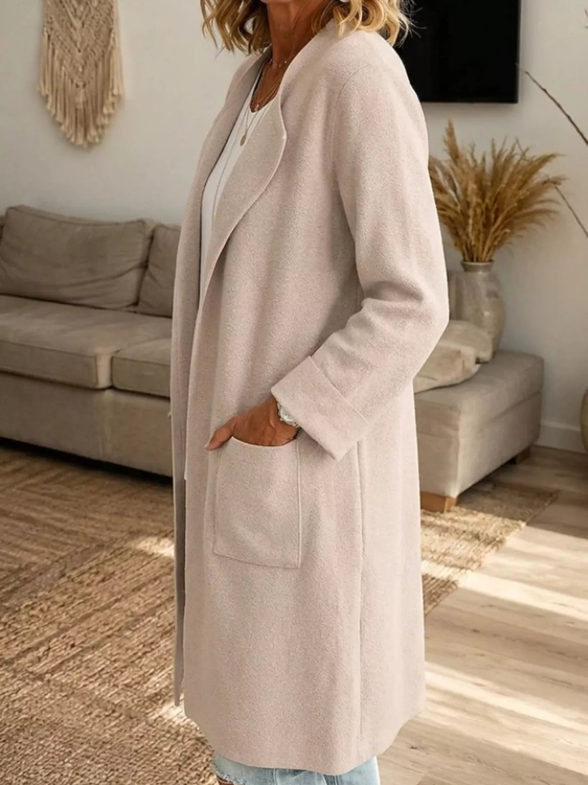 Full Size Open-Front Longline Knit Outerwear Plus Size - Apricot Color - View 2