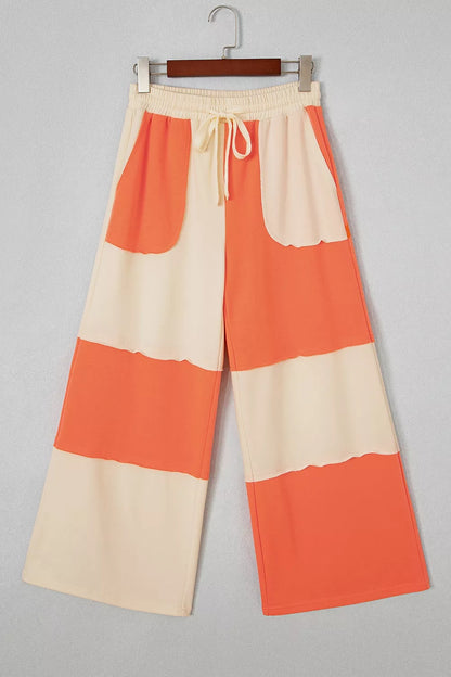 Raw Seam Colorblock Wide Leg Ankle Length Casual Pants - Orange - View 6