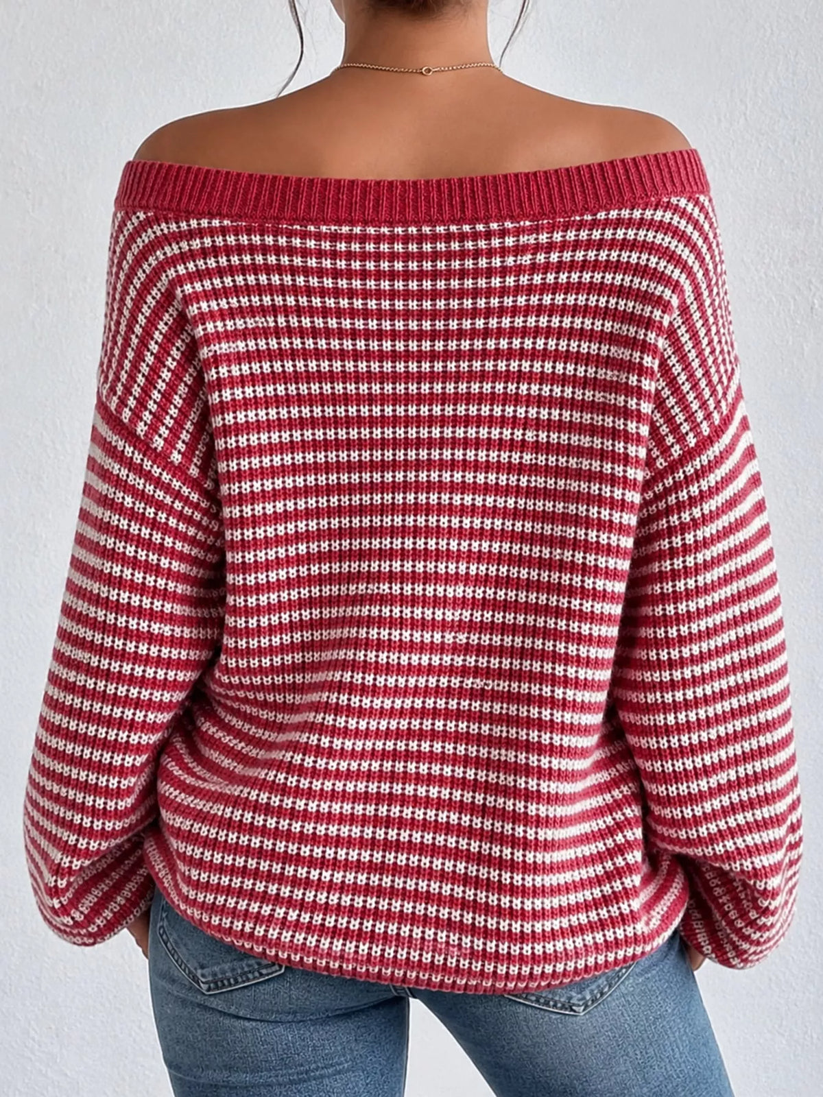 Striped Knit Boat Neck Sweater - Red - View 2