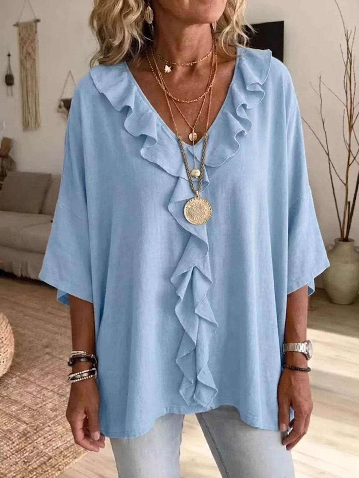 Full Size Ruffle V-Neck 3/4 Sleeve Blouse Plus Size - Light Blue - View 5