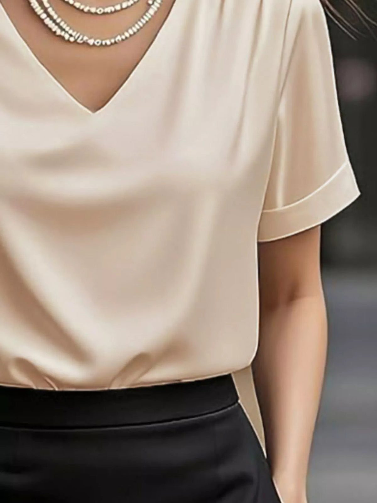 V-Neck Short Sleeve Satin Blouse - Apricot - View 3