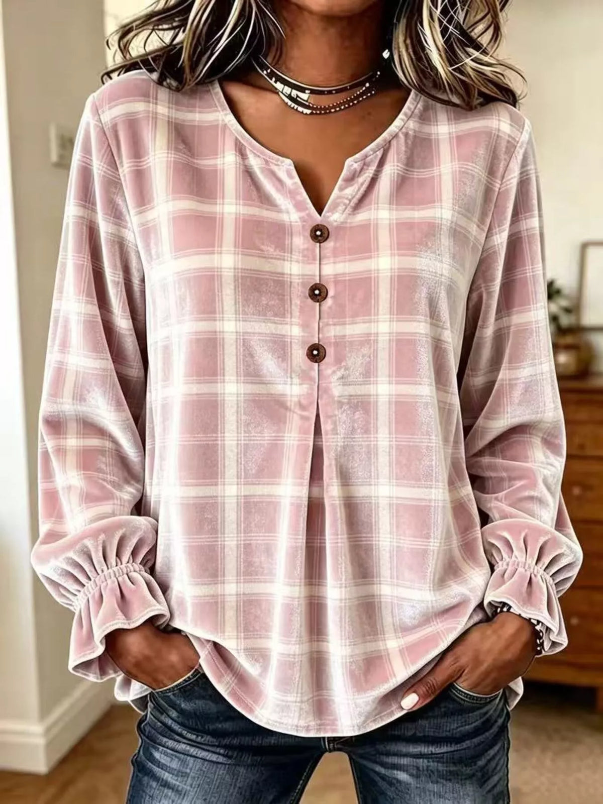 Full Size Plaid Velvet Flounce Sleeve Blouse Plus Size - Blush Pink - View 1