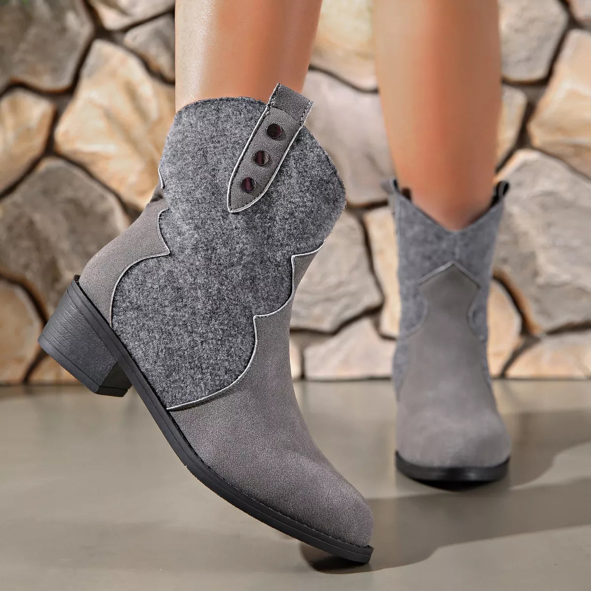 Point Toe Block Heels Boots - Dark Gray - View 4