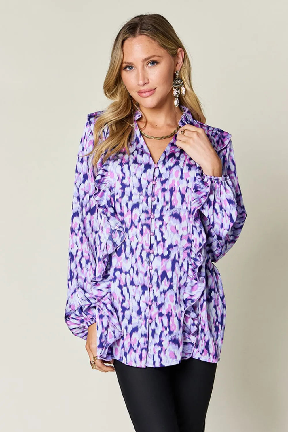 Double Take Full Size Printed Ruffle Trim Balloon Sleeve Shirt Plus Size - Blue Purple - View 1