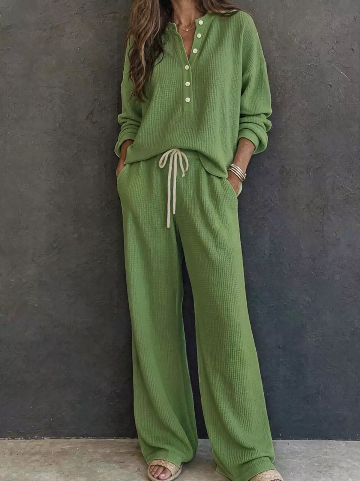 Waffle Knit Henley Top and Wide Leg Pants Set - Matcha Green - View 13