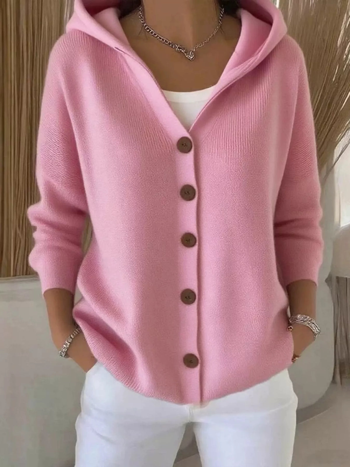 Full Size Hooded Button-Down Knit Cardigan Plus Size - Dusty Pink - View 9