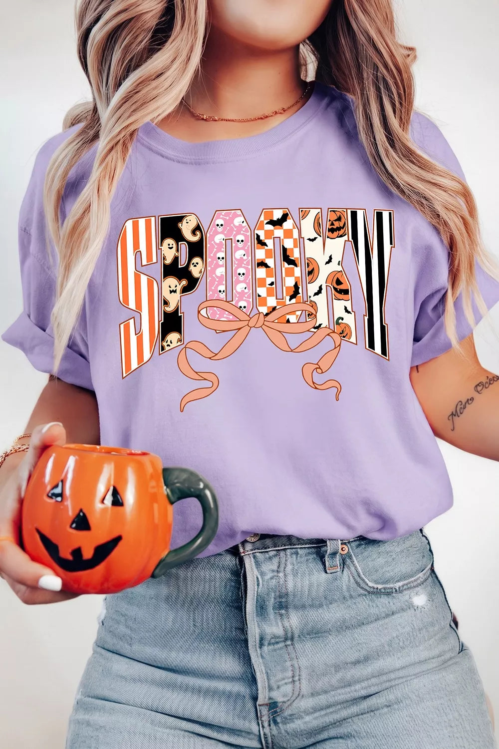 Halloween Spooky Letter Graphic Round Neck Casual T Shirt - Pink Purple - View 1