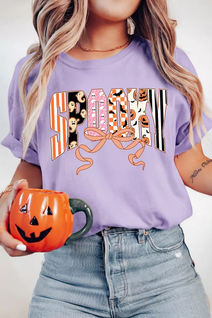 Halloween Spooky Letter Graphic Round Neck Casual T Shirt - Pink Purple - View 1