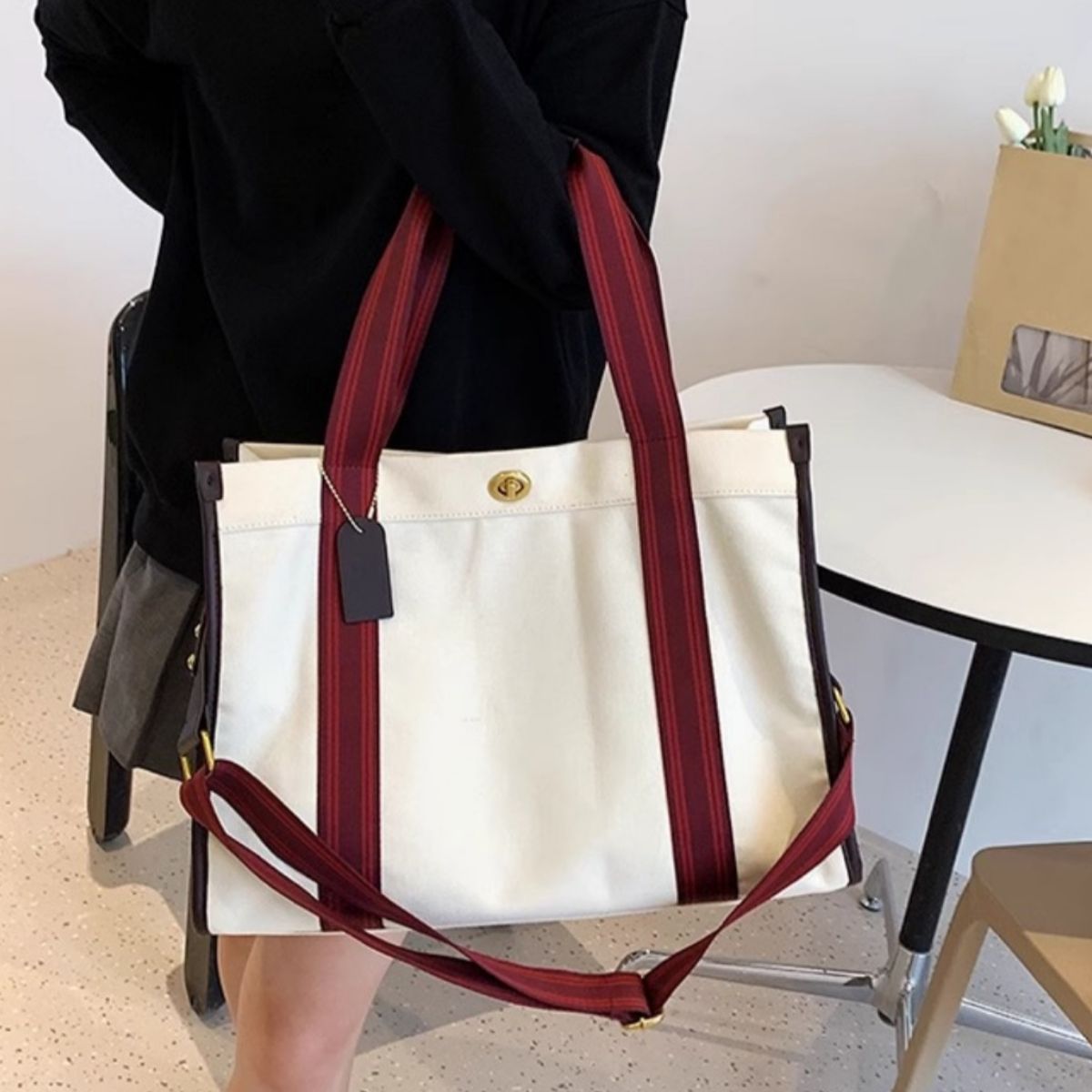 Contrast Canvas Tote Bag - White - View 2
