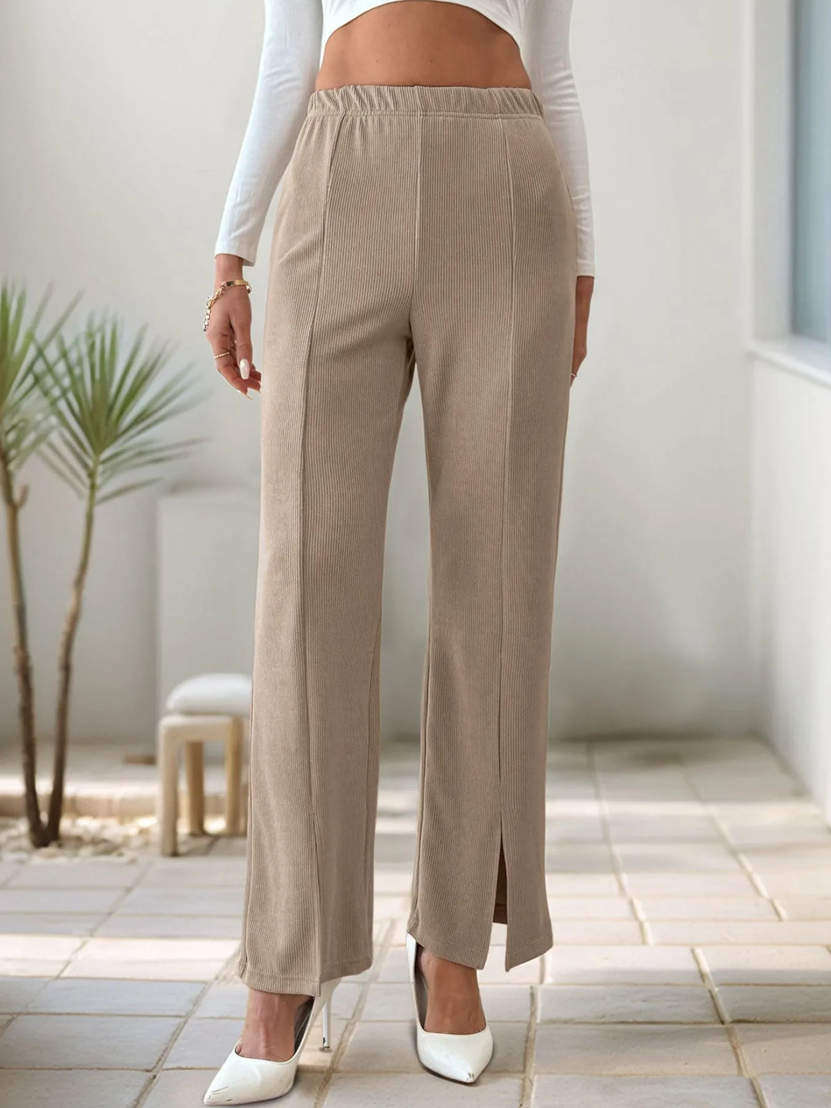 High-Waisted Slit Pants - Khaki - View 2