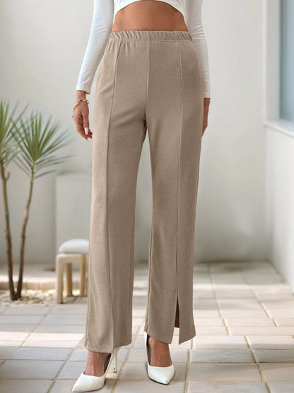 High-Waisted Slit Pants - Khaki - View 2