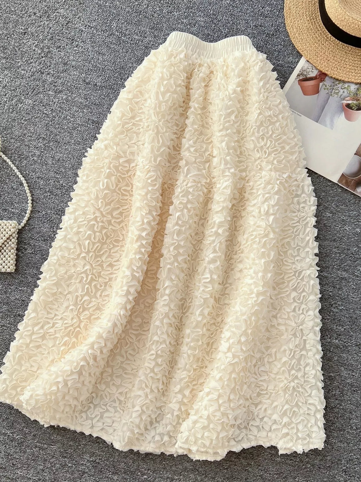 Elegant 3D Lace Trim High‑Waist A‑Line Midi Skirt - Apricot - View 1