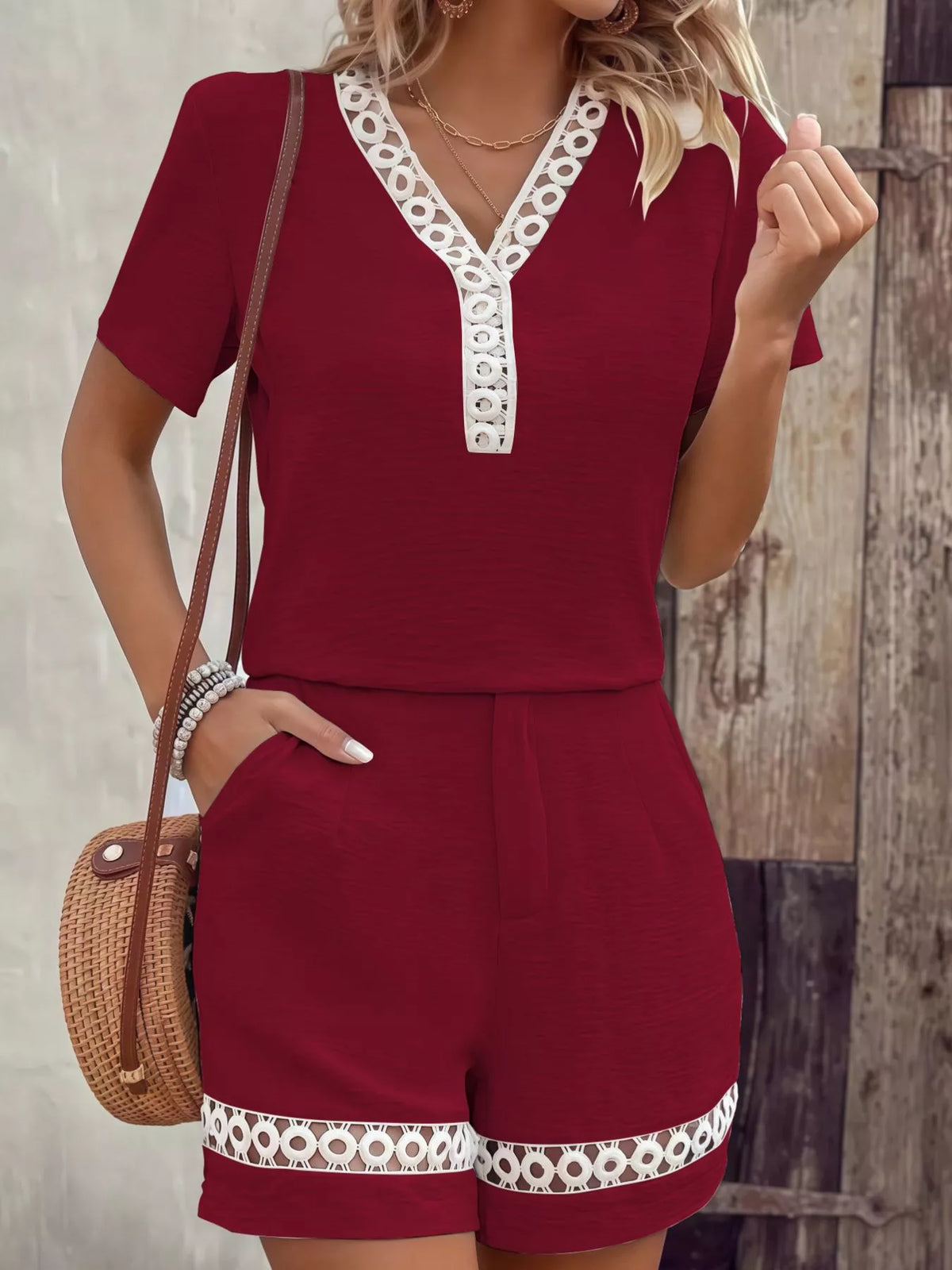 Lace Trim Short Sleeve Top and Shorts Set - Red - View 1