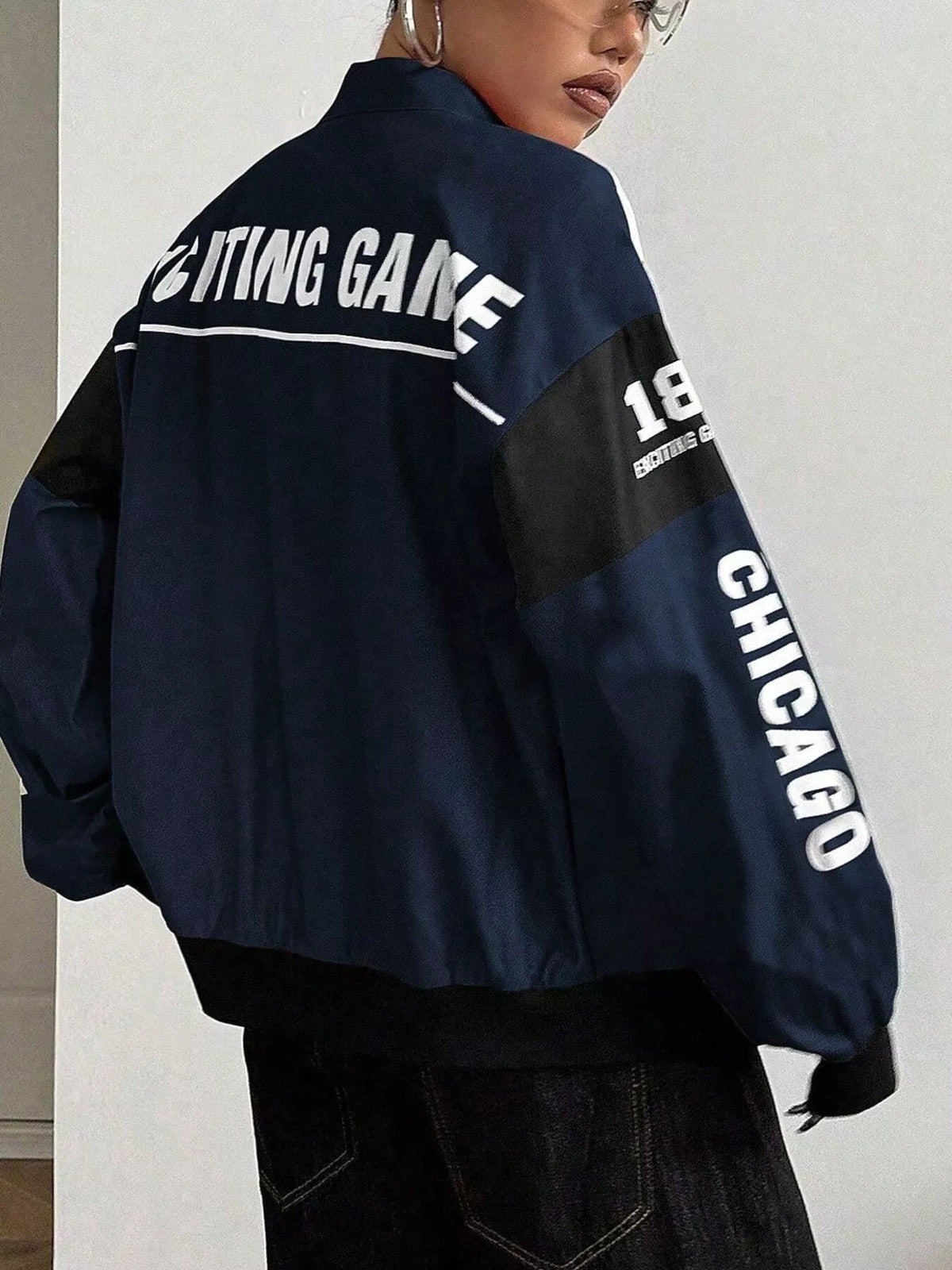 Letter Print Zip Up Jacket - Navy Blue - View 5