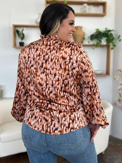 Double Take Full Size Printed Ruffle Trim Balloon Sleeve Shirt Plus Size - Caramel - View 10