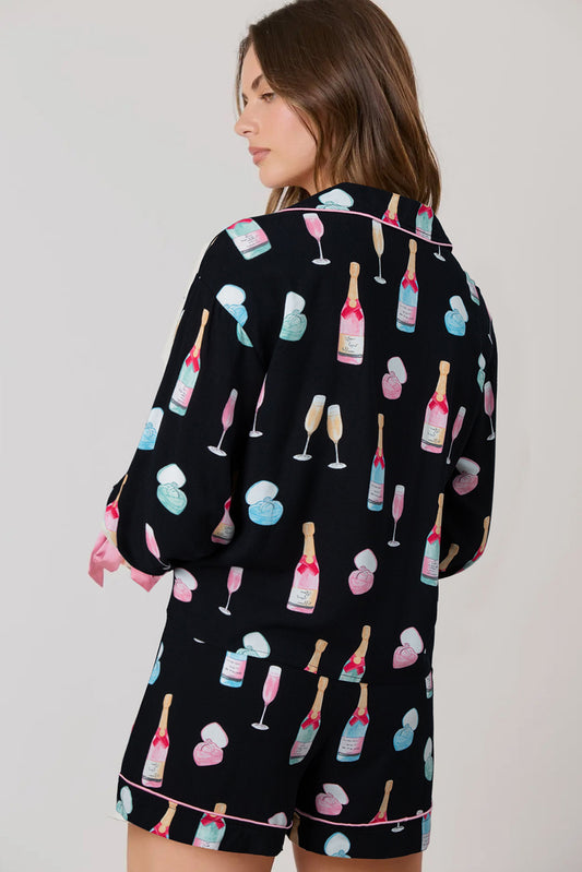 Color black Christmas Wine Glass Print Bow Knot Two Piece Pajama Set - Color black - 2