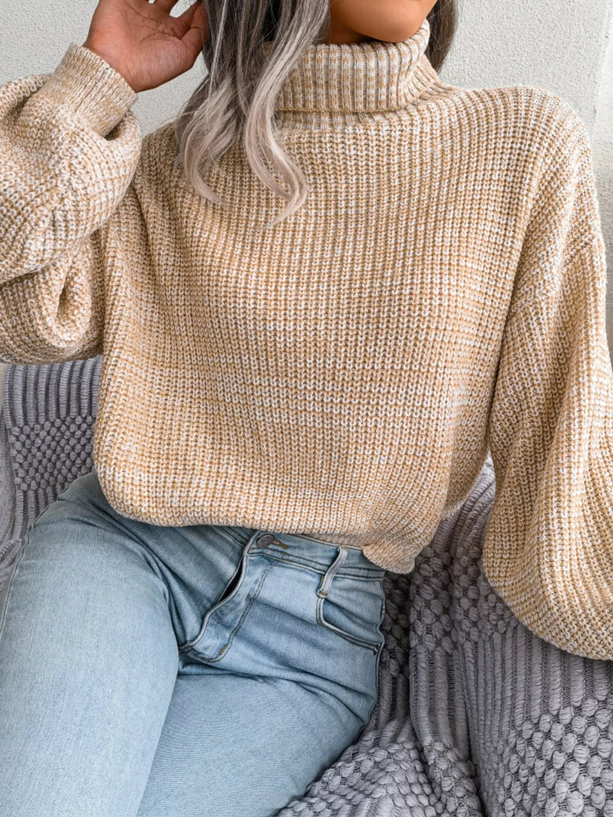 Turtleneck Dropped Shoulder Sweater - Beige - View 4