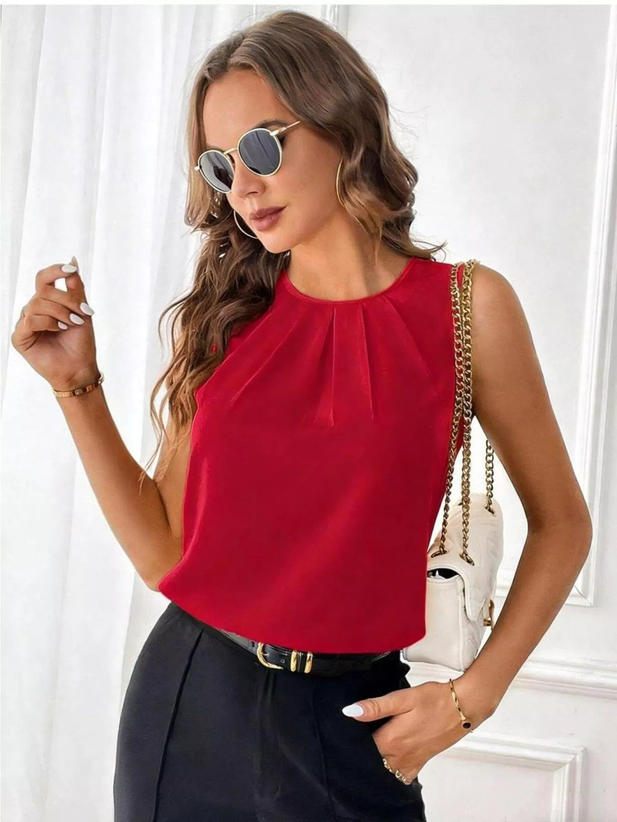 Pleated Round Neck Tank - Red - View 6